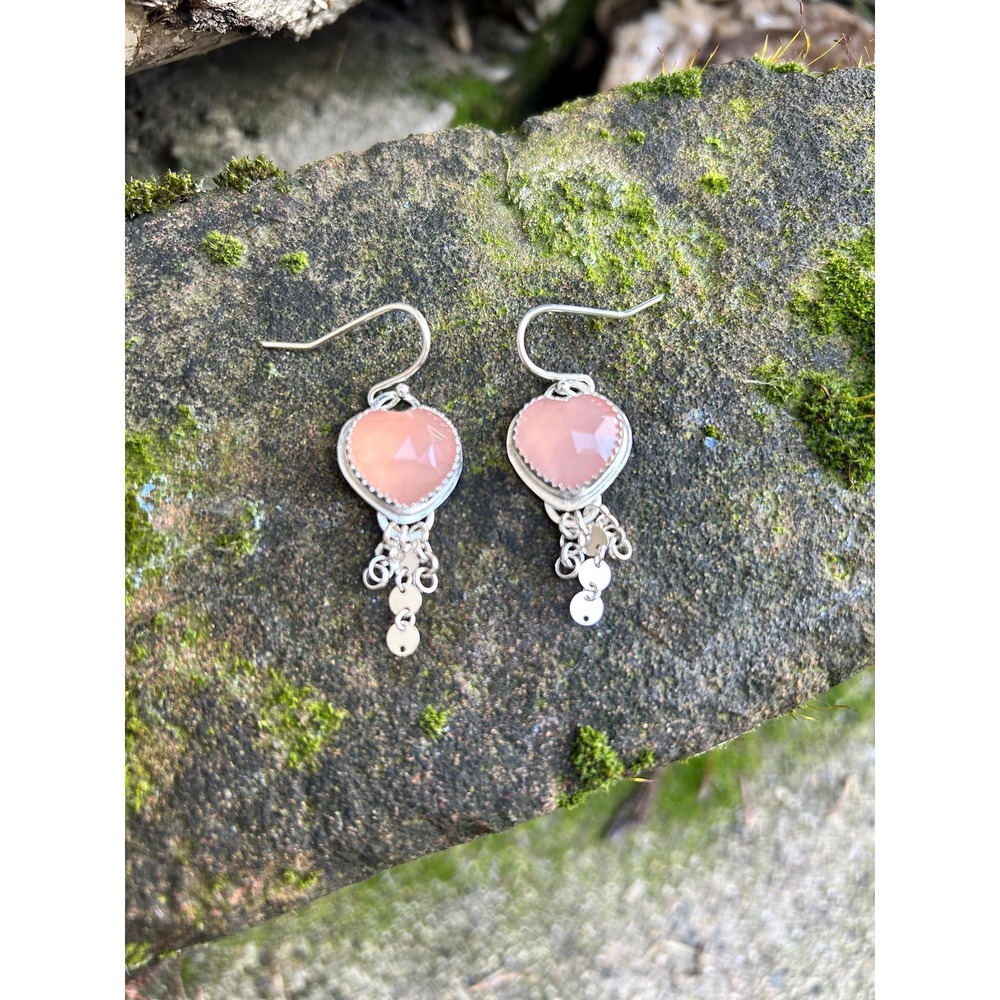 Rose Quartz Heart Dangle Earrings, 925 Sterling Silver, Handmade Crystal Jewelry